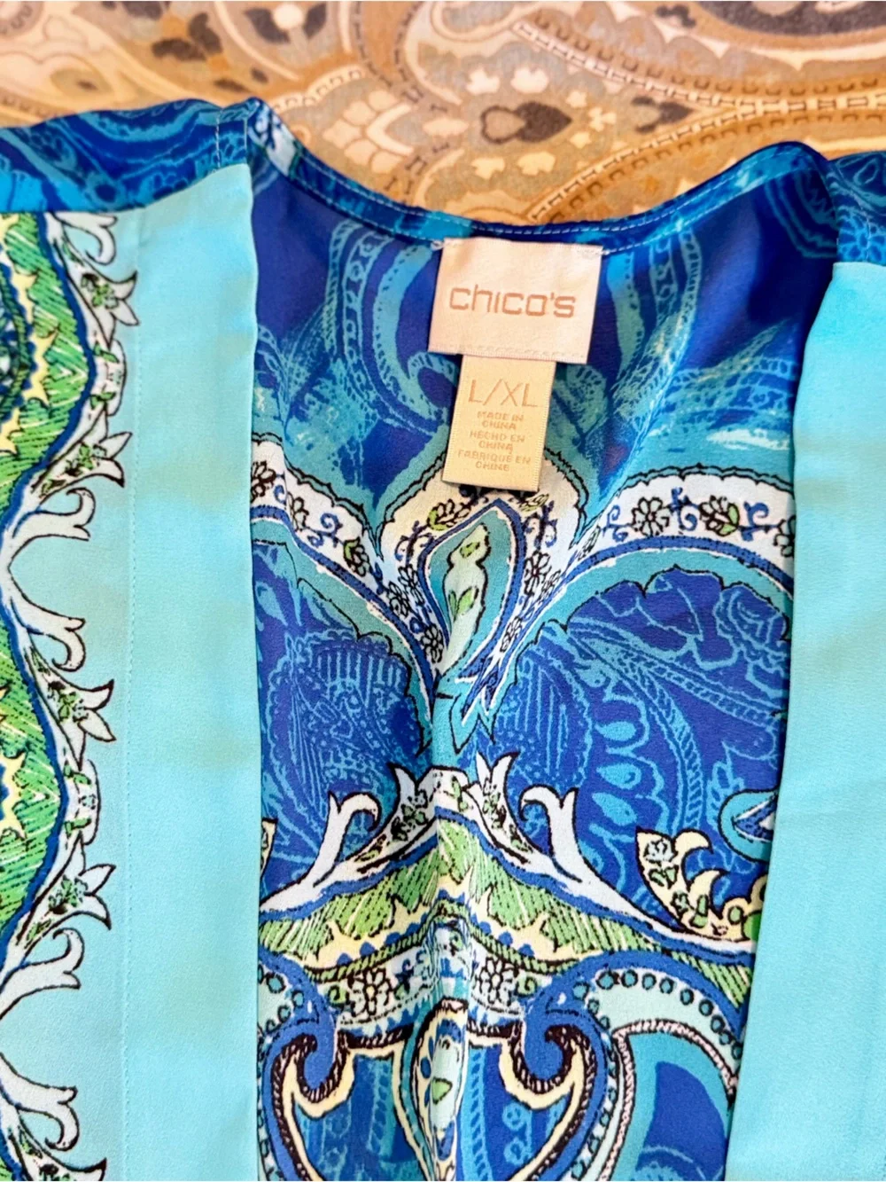 CHICO’S Silky Turquoise & Blue Paisley Medallion Open-Front Kimono Wrap Cardigan